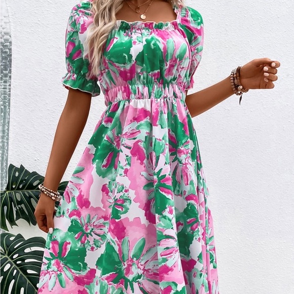 FLORAL FRILL TRIM SQUARE NECK DRESS - Picture 4 of 6